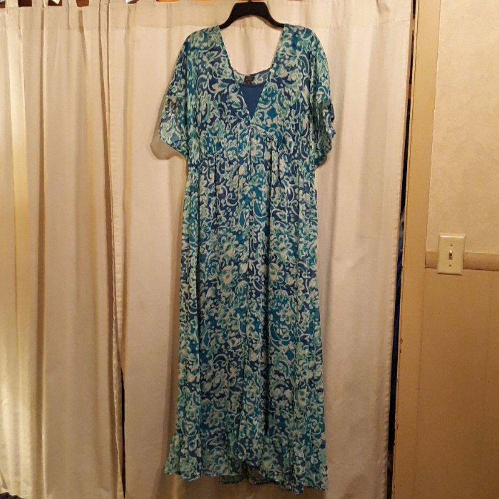 Sheer printed long dress & blue slip dress under